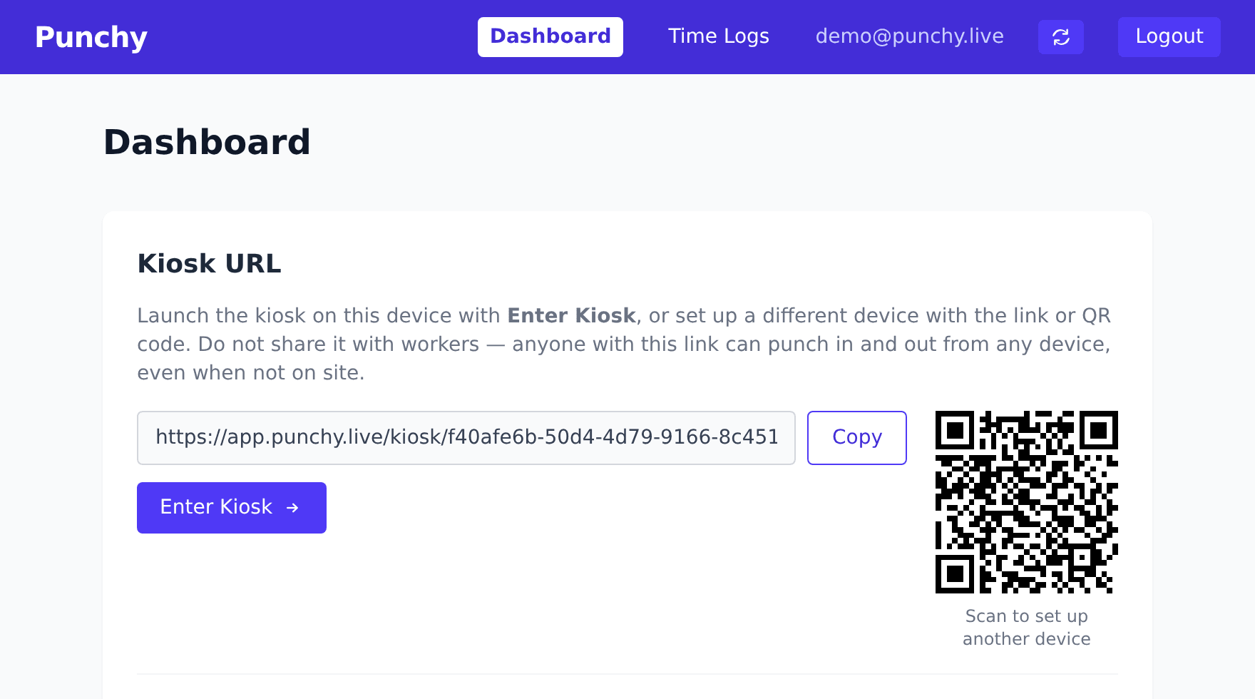 The Punchy dashboard with the kiosk link, a QR code, and the Add-worker controls.