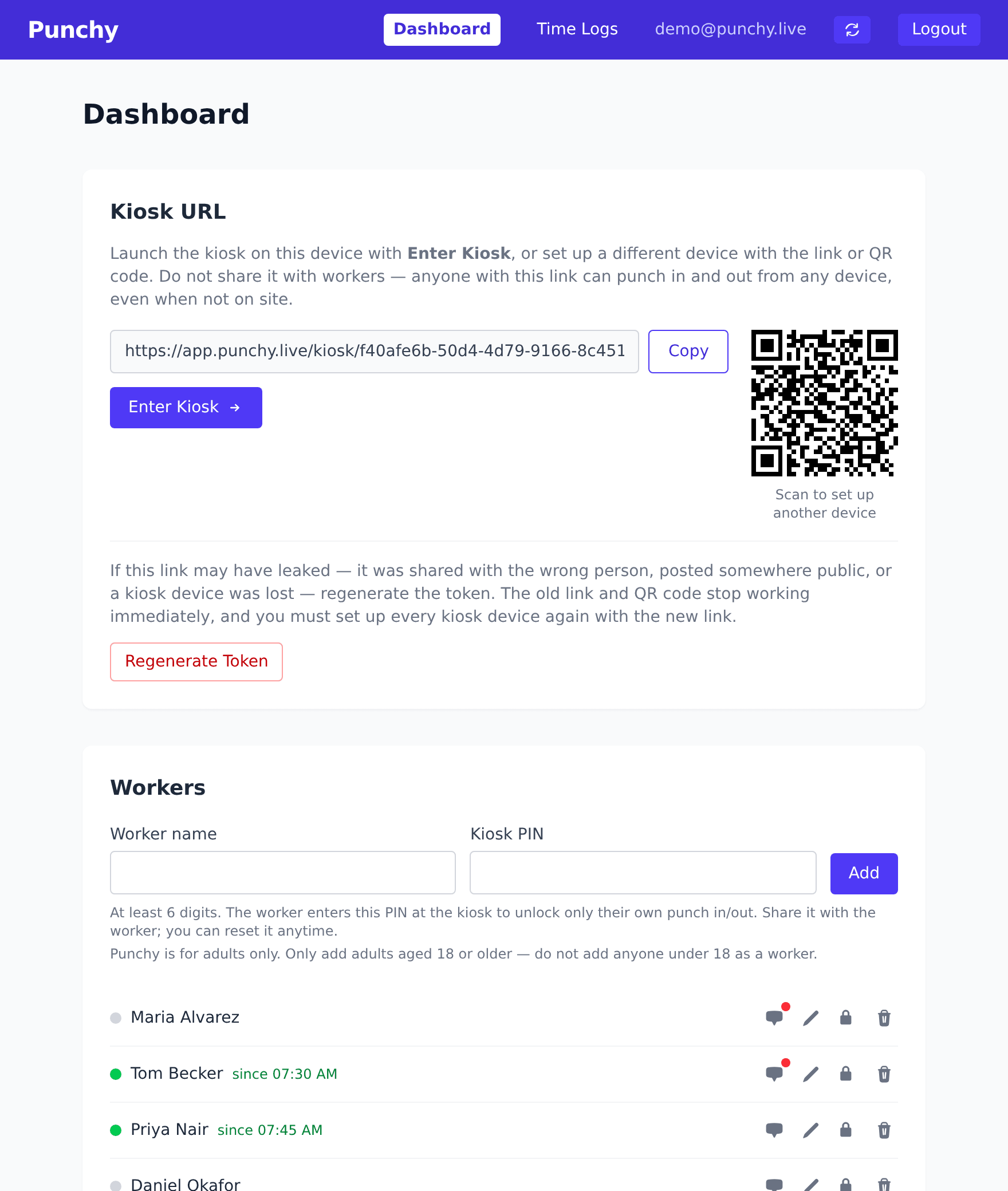The Punchy dashboard showing the kiosk link, a QR code, and a list of workers with two currently clocked in.