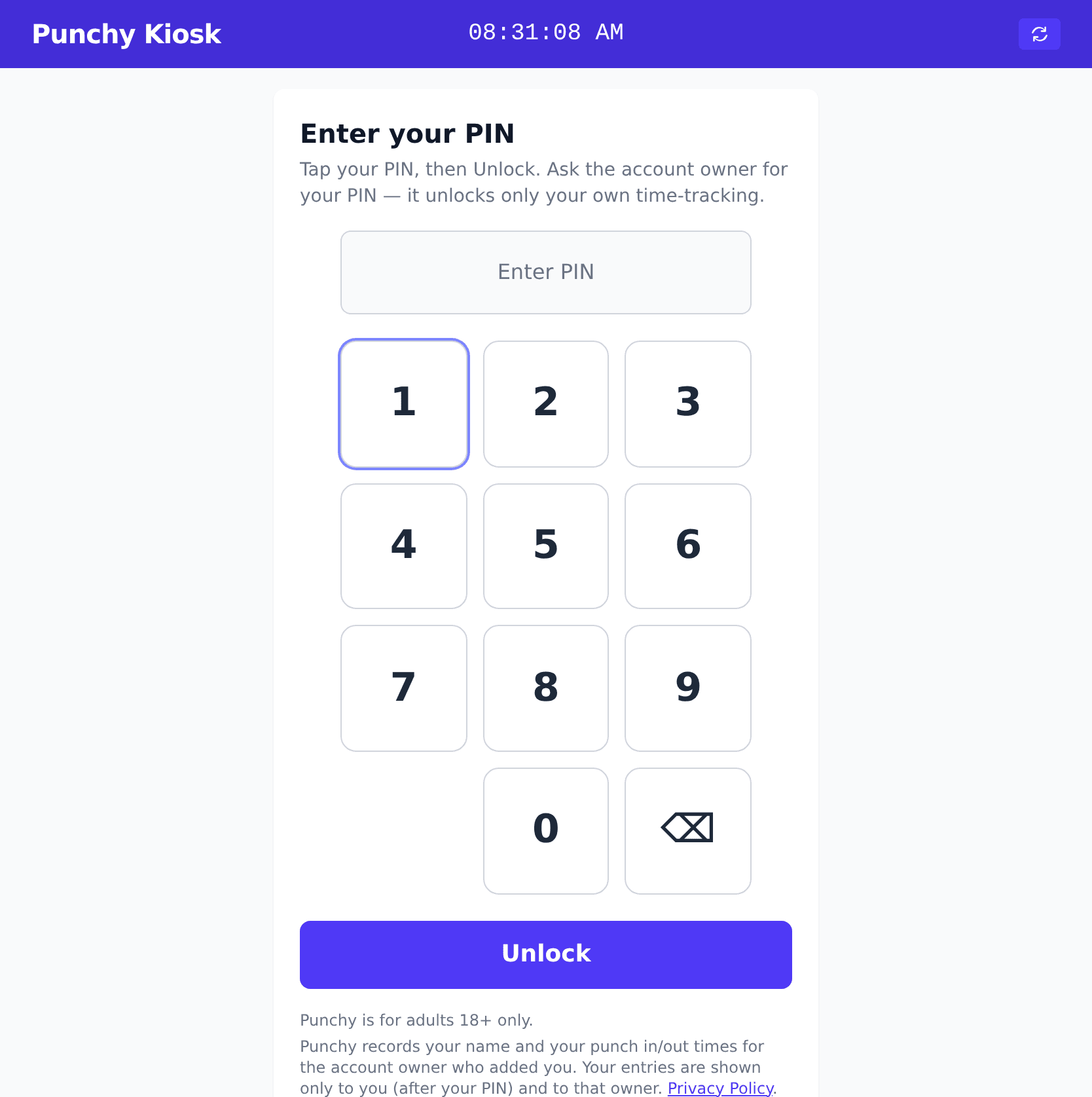 The Punchy kiosk PIN screen on a tablet: a numeric keypad and an Unlock button.