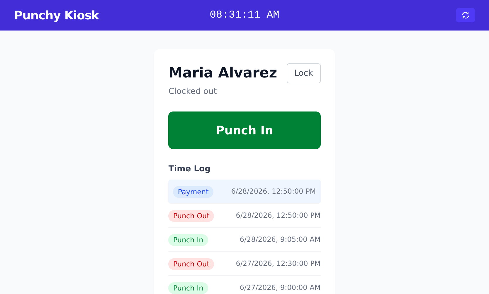 The Punchy kiosk on a tablet: a worker named Maria, a green Punch In button, and her recent time log.